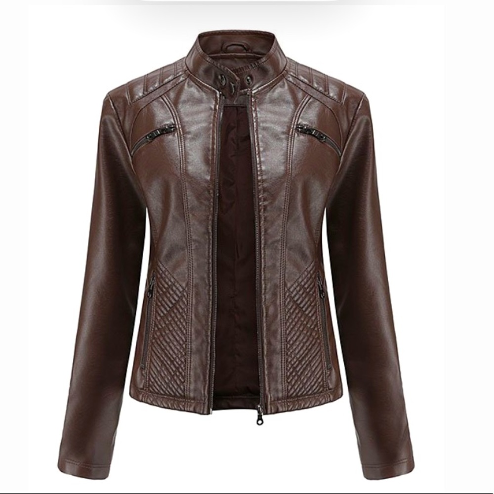 Dark brown quilted faux leather PU Jacket